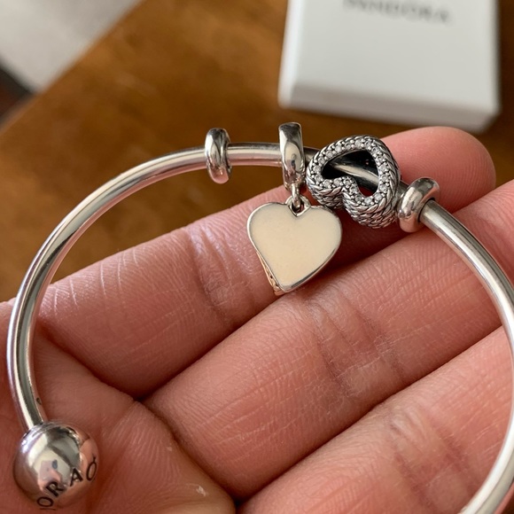 Pandora Open Bangle Charms Bracelet w/ 2 Hearts Pandora Charms & 2 Stoppers EUC - Picture 9 of 16